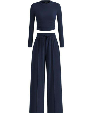 Women's Ribbed Knit Crop Top & Wide Leg Pants Set