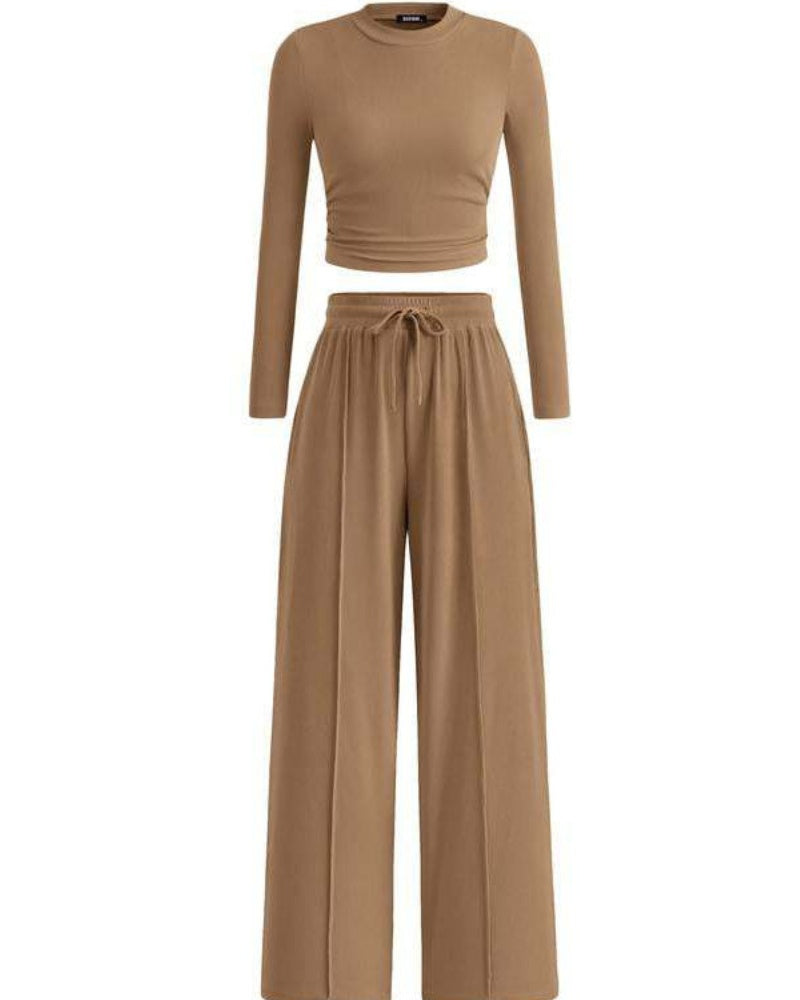 Women's Ribbed Knit Crop Top & Wide Leg Pants Set