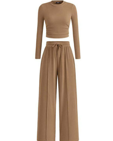 Women's Ribbed Knit Crop Top & Wide Leg Pants Set