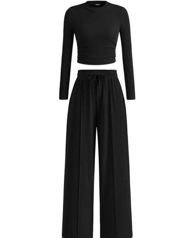 Women's Ribbed Knit Crop Top & Wide Leg Pants Set