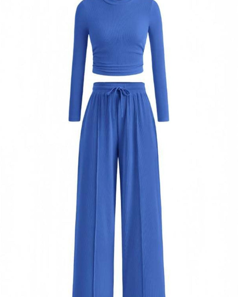 Women's Ribbed Knit Crop Top & Wide Leg Pants Set