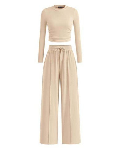 Women's Ribbed Knit Crop Top & Wide Leg Pants Set