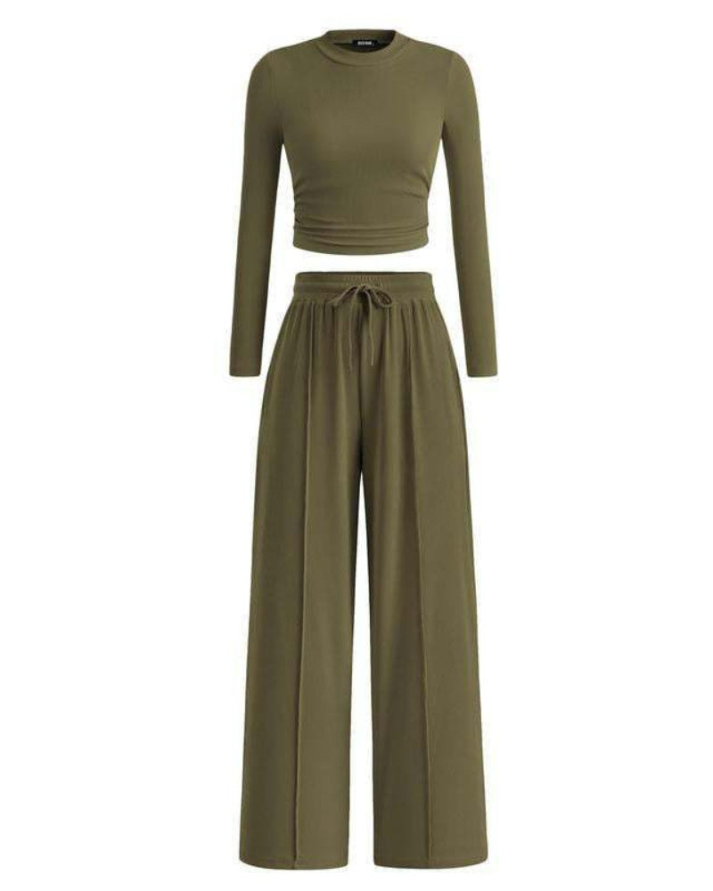 Women's Ribbed Knit Crop Top & Wide Leg Pants Set