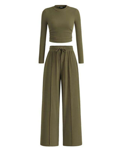 Women's Ribbed Knit Crop Top & Wide Leg Pants Set