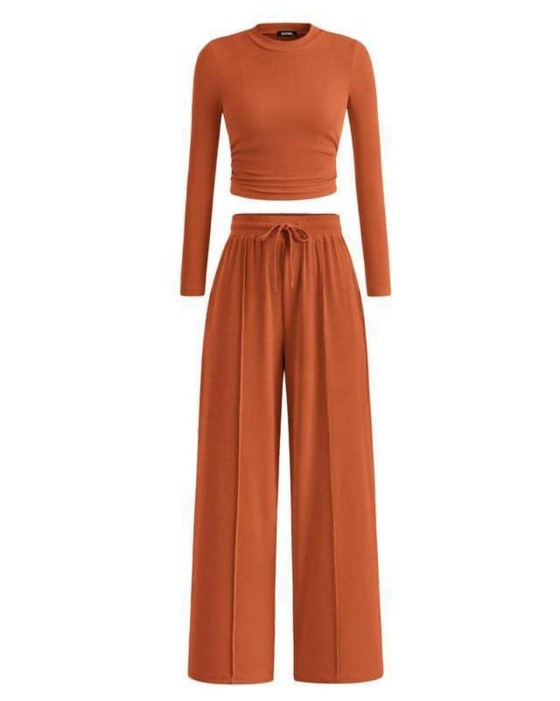 Women's Ribbed Knit Crop Top & Wide Leg Pants Set