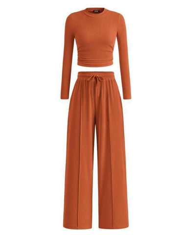 Women's Ribbed Knit Crop Top & Wide Leg Pants Set
