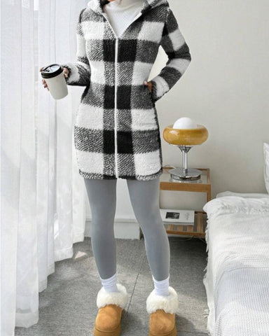 Women's Plaid Fleece Hooded Coat All Seasons Wear