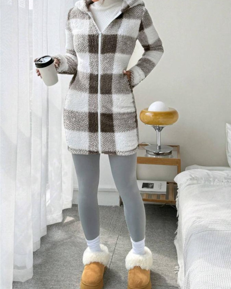 Women's Plaid Fleece Hooded Coat All Seasons Wear