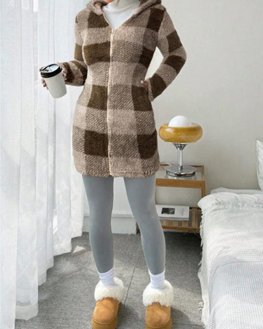 Women's Plaid Fleece Hooded Coat All Seasons Wear