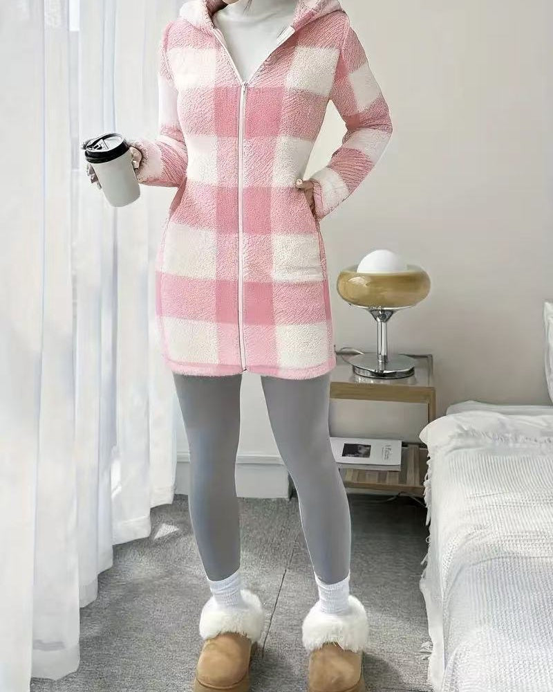 Women's Plaid Fleece Hooded Coat All Seasons Wear