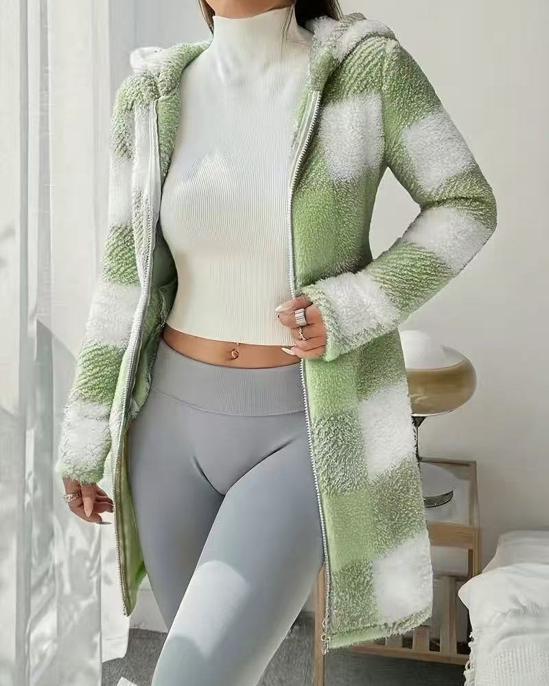 Women's Plaid Fleece Hooded Coat All Seasons Wear