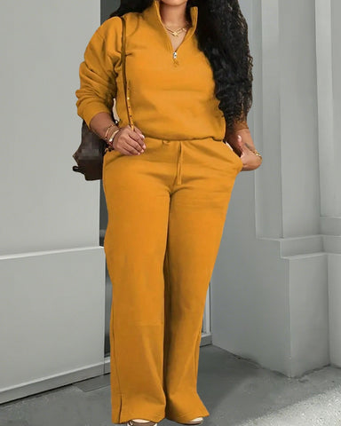 Women's Solid Split Hem Top & Wide Leg Pants Set