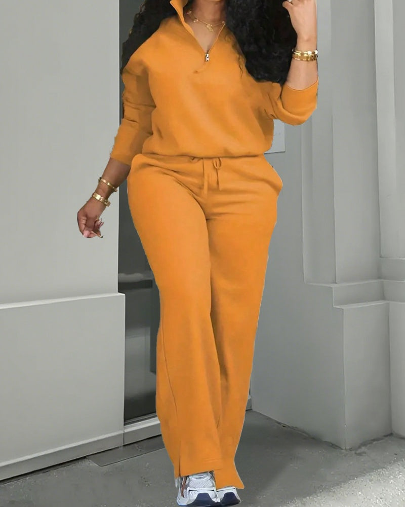 Women's Solid Split Hem Top & Wide Leg Pants Set