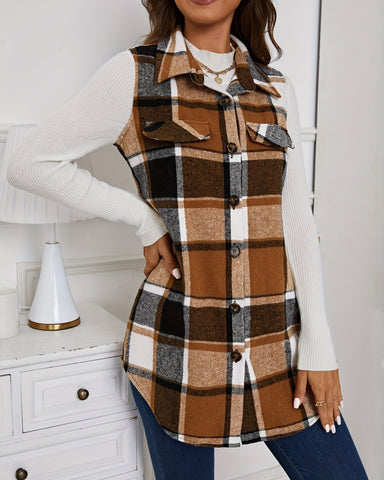 Women's Plaid Print Button Front Vest with Pockets