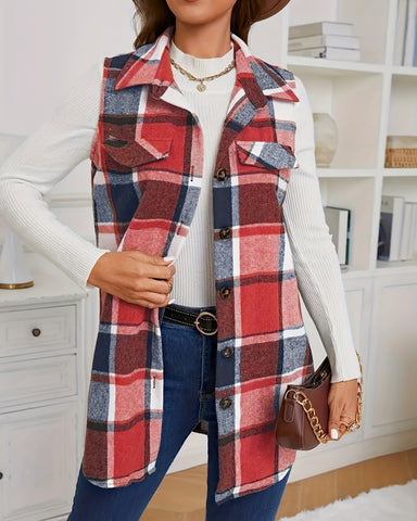 Women's Plaid Print Button Front Vest with Pockets