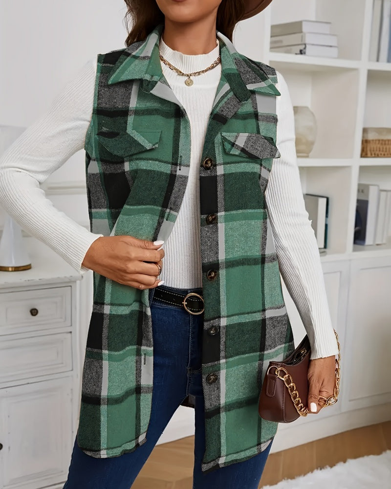 Women's Plaid Print Button Front Vest with Pockets