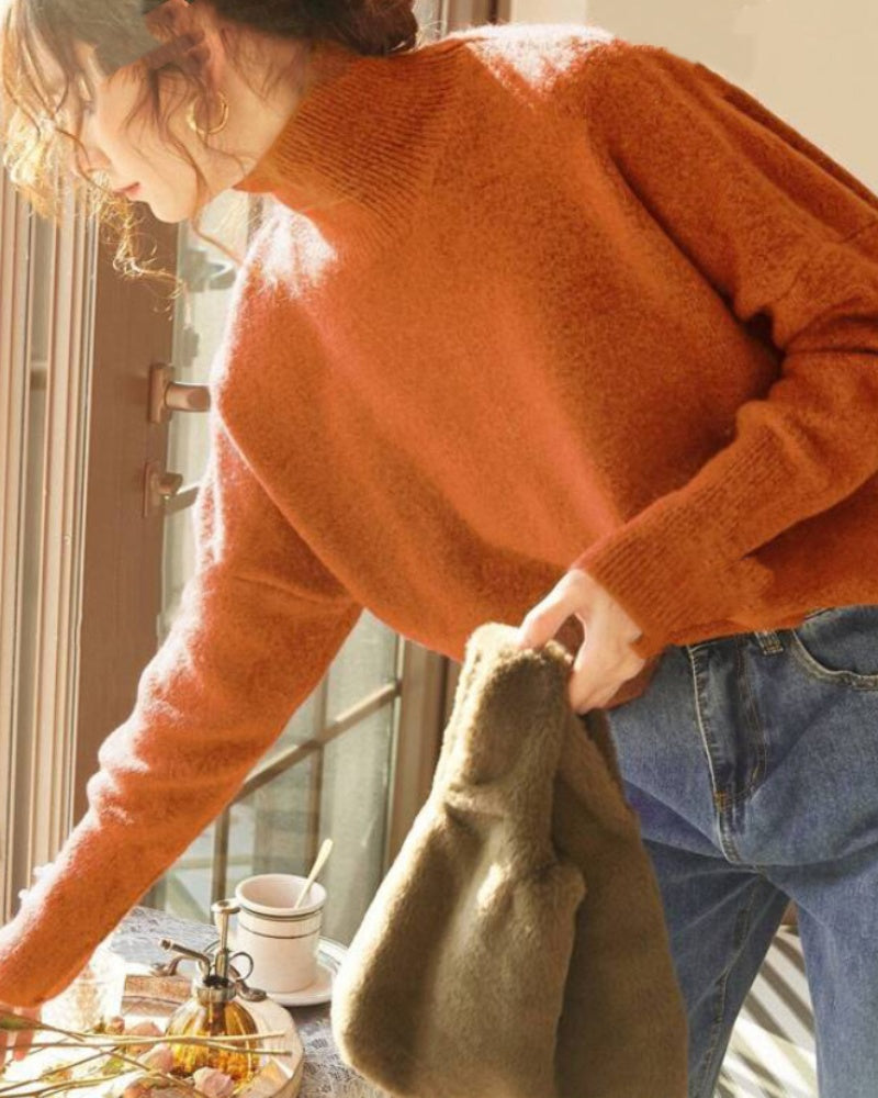 Women's High Neck Knit Sweater Loose French Style