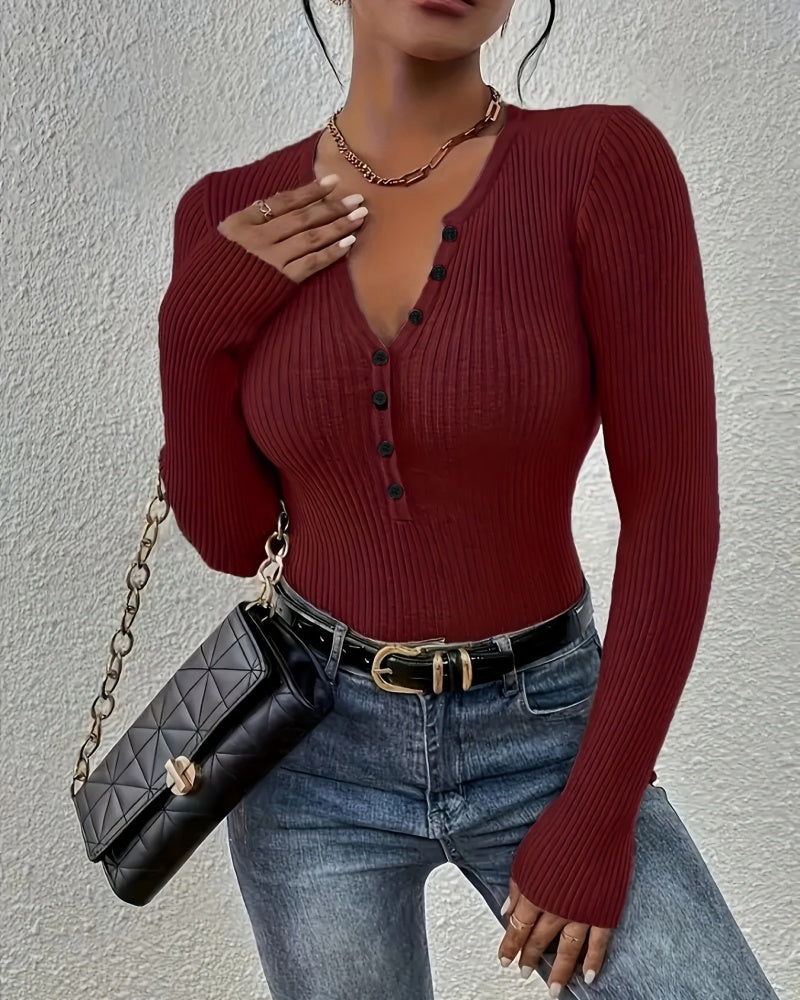 Women's Ribbed Knit Sweater with Button Front