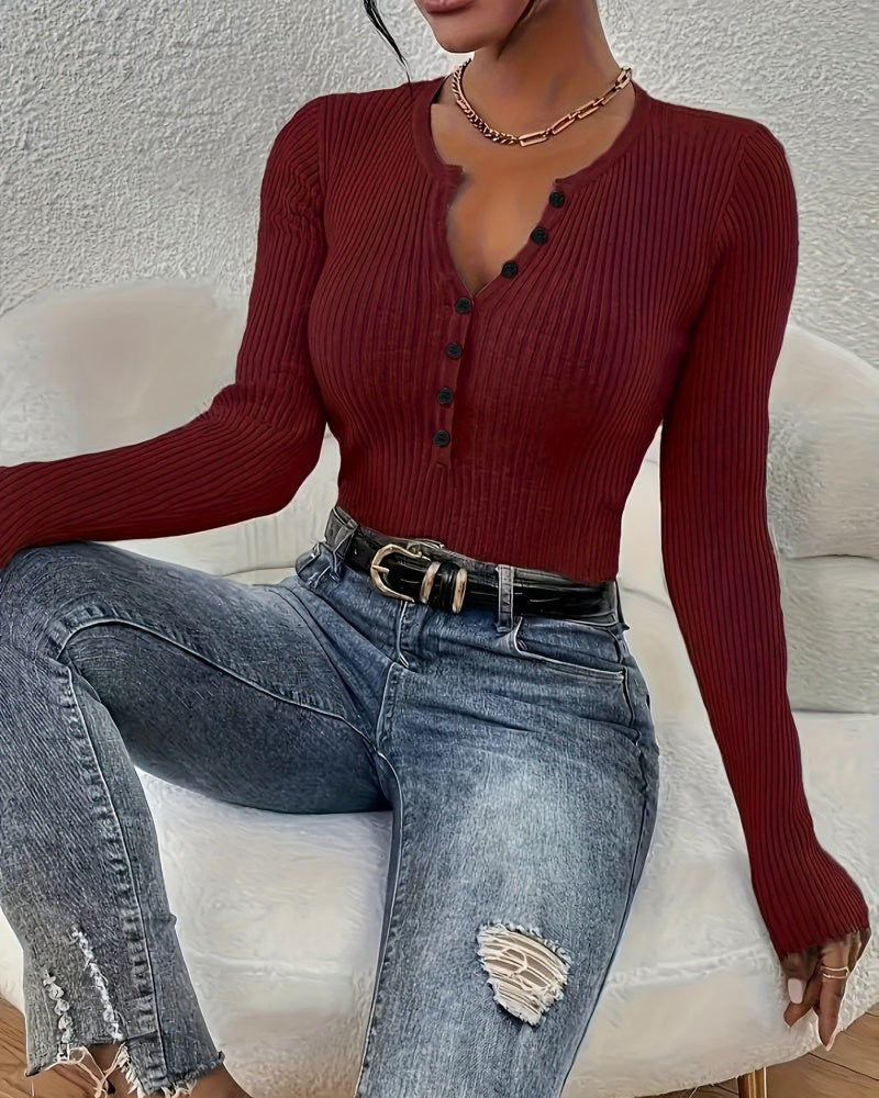 Women's Ribbed Knit Sweater with Button Front