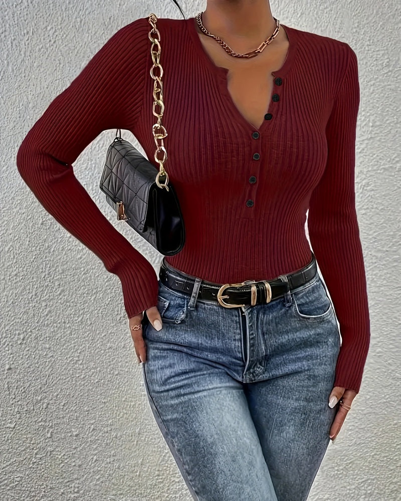 Women's Ribbed Knit Sweater with Button Front
