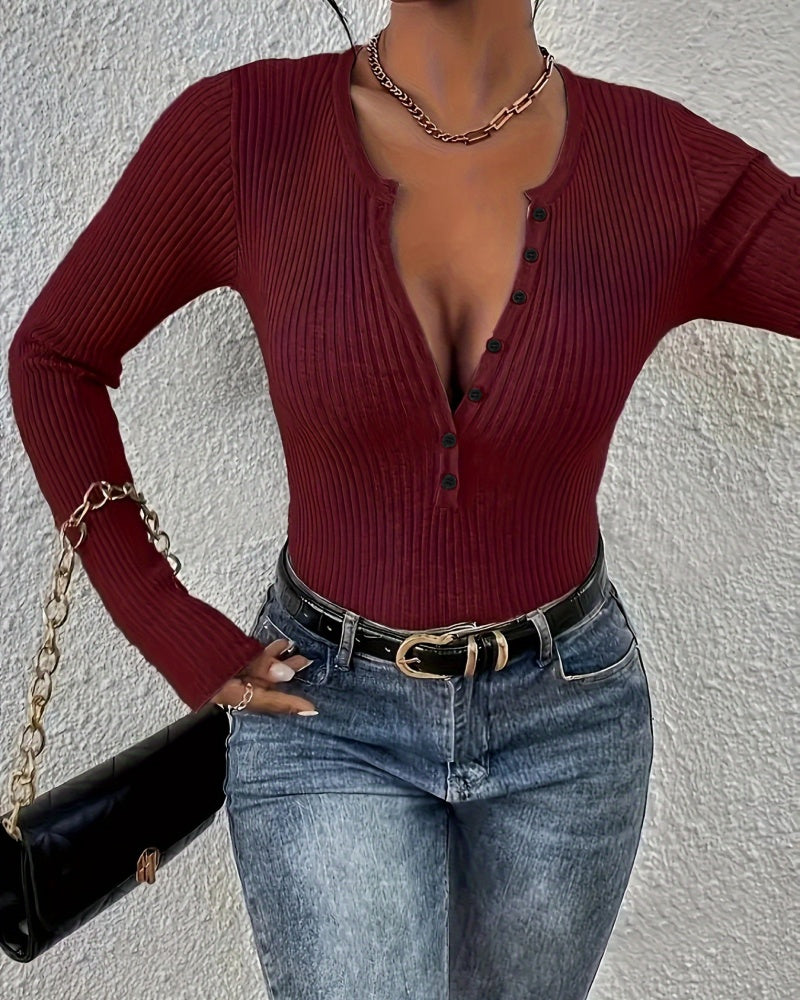 Women's Ribbed Knit Sweater with Button Front