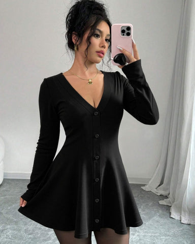 Women's V-Neck Knitted Dress with Button Details