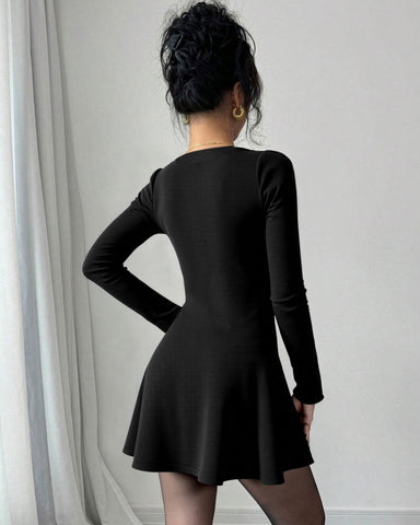 Women's V-Neck Knitted Dress with Button Details