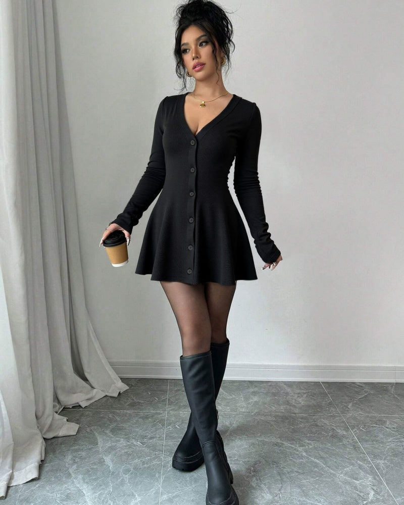 Women's V-Neck Knitted Dress with Button Details