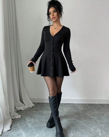 Women's V-Neck Knitted Dress with Button Details