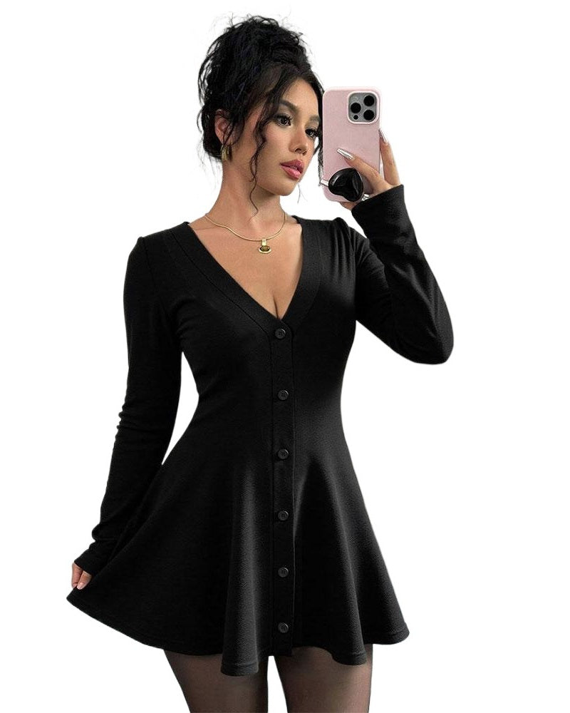 Women's V-Neck Knitted Dress with Button Details