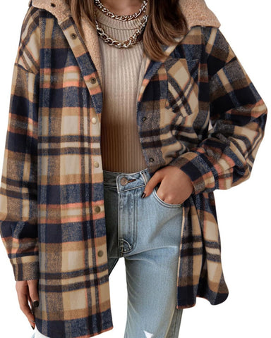 Women's Flannel Plaid Shacket Thick Fleece