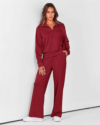 Women's Half-Zip Sweatshirt & Wide-Leg Pants Set
