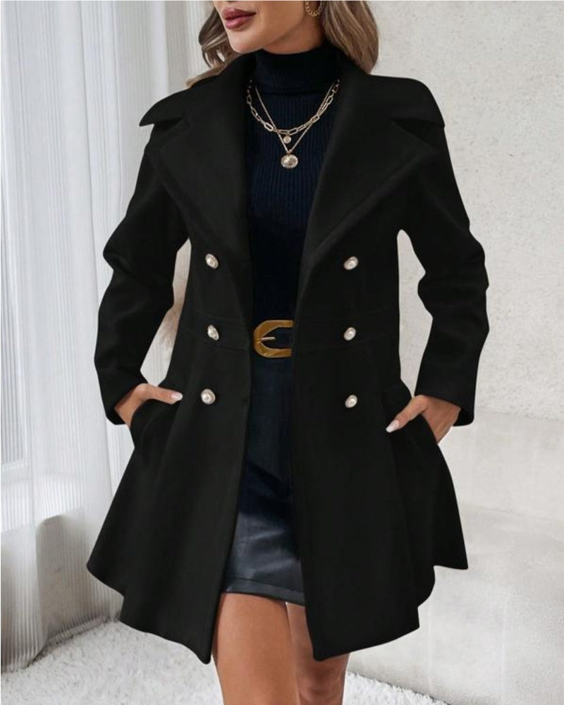 Women's Solid Double Button Pocket Overcoat