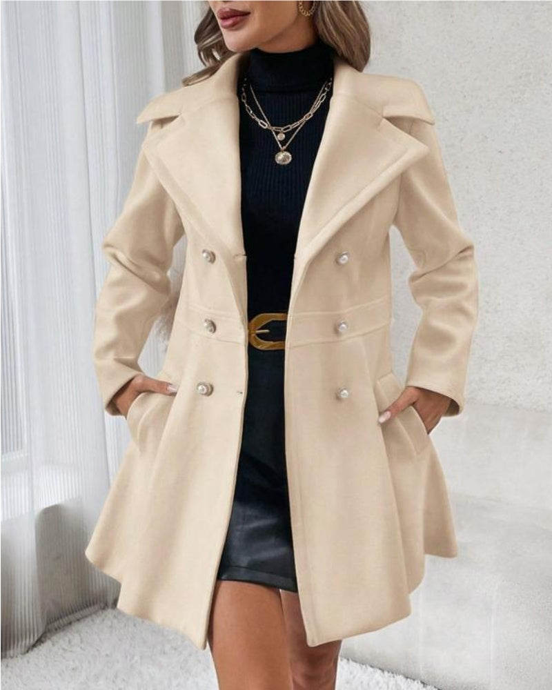 Women's Solid Double Button Pocket Overcoat