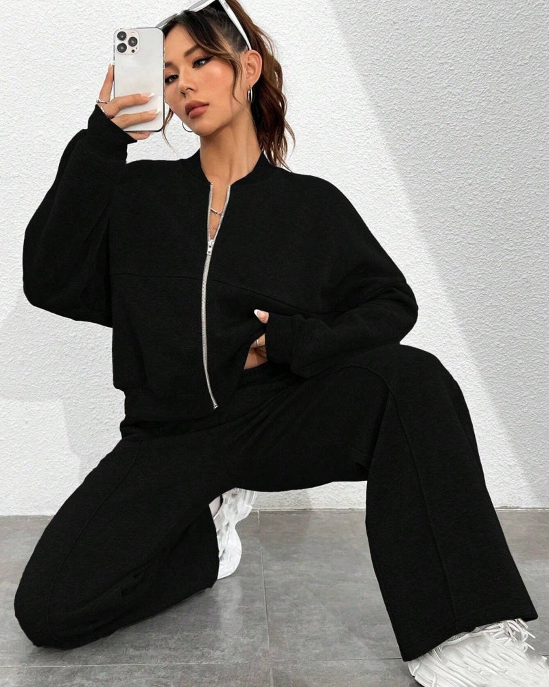 Women's Casual Striped Zipper Jacket and Pants Set