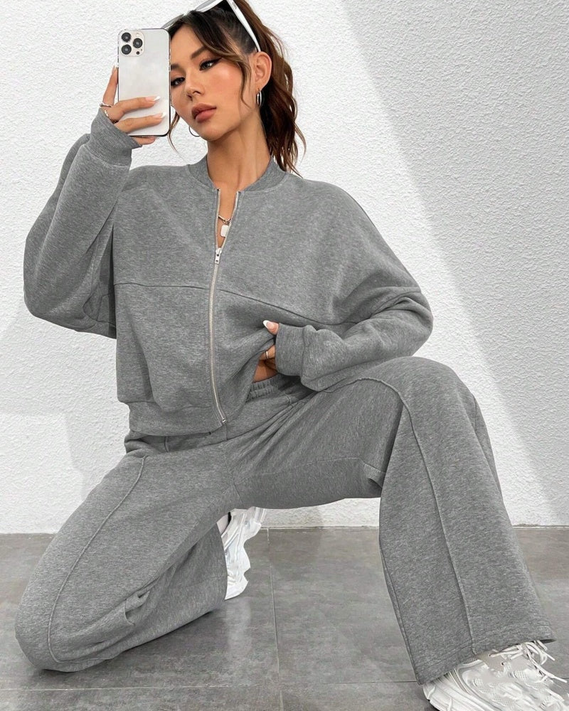 Women's Casual Striped Zipper Jacket and Pants Set