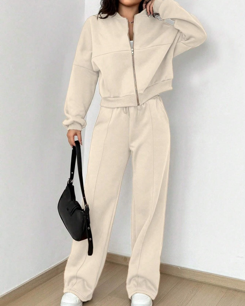 Women's Casual Striped Zipper Jacket and Pants Set