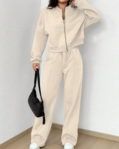 Women's Casual Striped Zipper Jacket and Pants Set