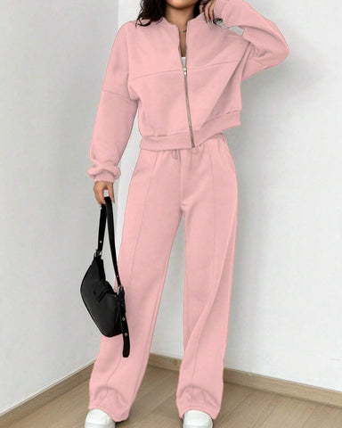 Women's Casual Striped Zipper Jacket and Pants Set