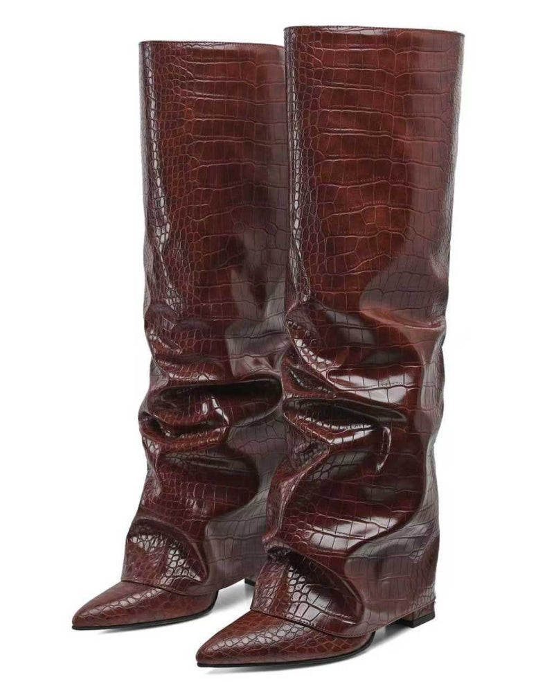 Women's Fold Over Block High Heel Pointed Toe Boots