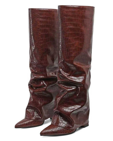 Women's Fold Over Block High Heel Pointed Toe Boots