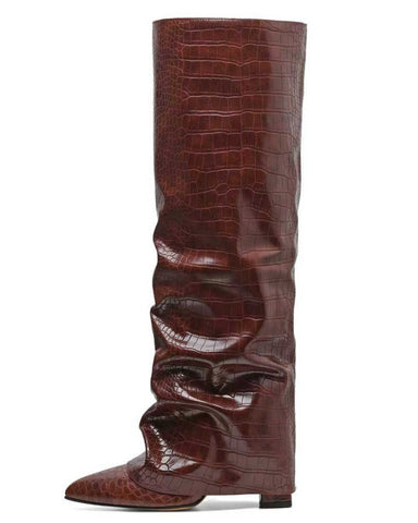 Women's Fold Over Block High Heel Pointed Toe Boots