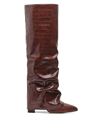 Women's Fold Over Block High Heel Pointed Toe Boots