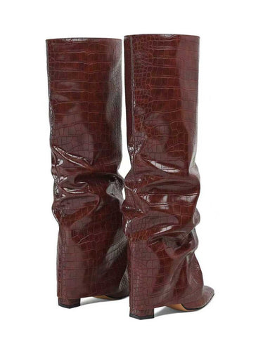 Women's Fold Over Block High Heel Pointed Toe Boots