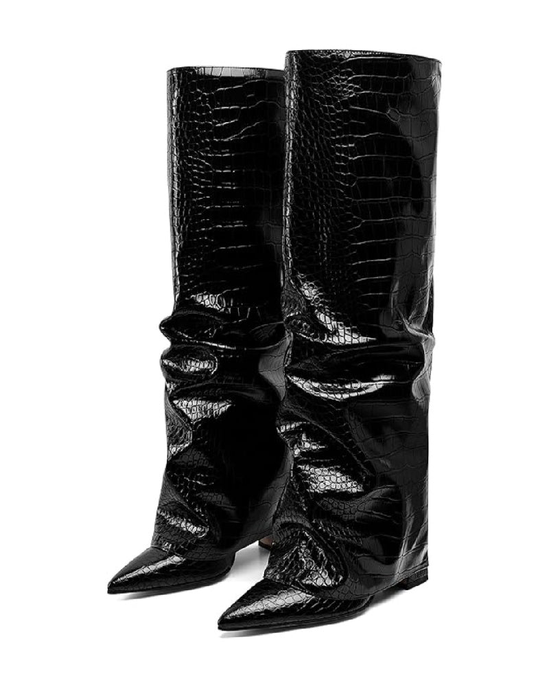 Women's Fold Over Block High Heel Pointed Toe Boots