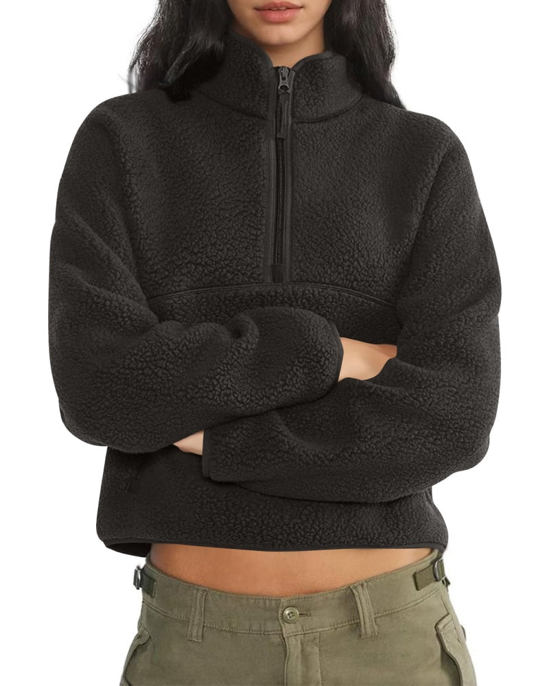 Womens Cropped Half Zip Fuzzy Warm Sherpa Pullover
