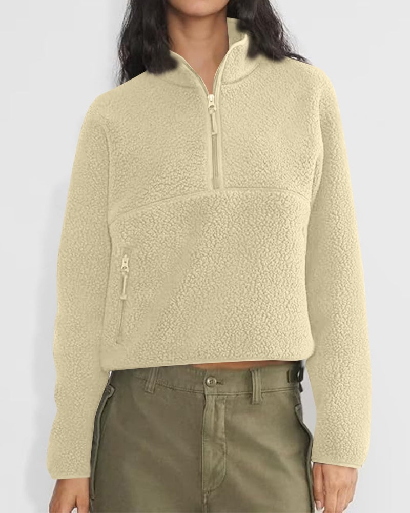 Womens Cropped Half Zip Fuzzy Warm Sherpa Pullover