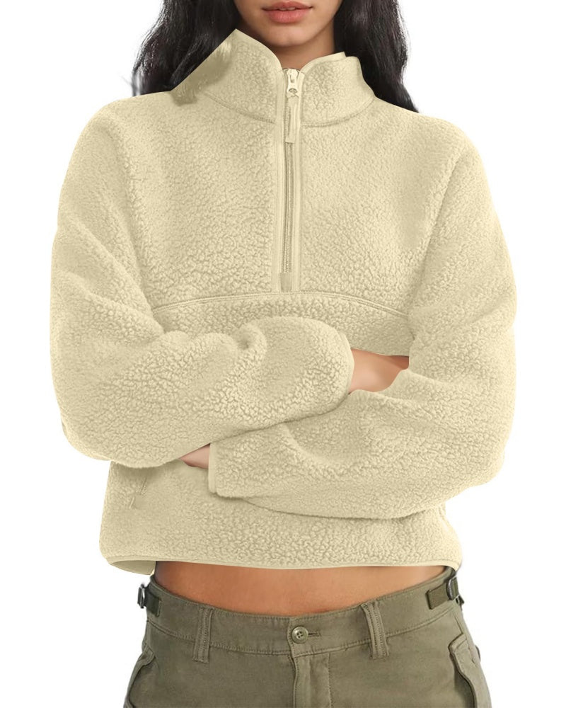 Womens Cropped Half Zip Fuzzy Warm Sherpa Pullover