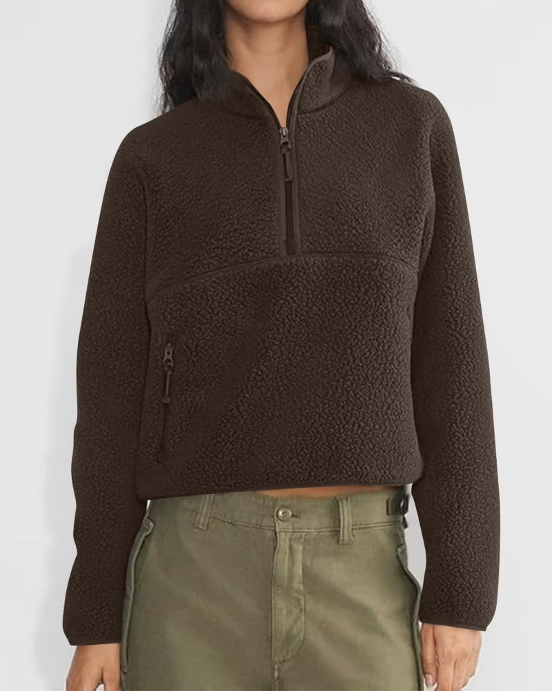 Womens Cropped Half Zip Fuzzy Warm Sherpa Pullover