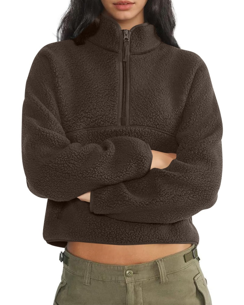 Womens Cropped Half Zip Fuzzy Warm Sherpa Pullover